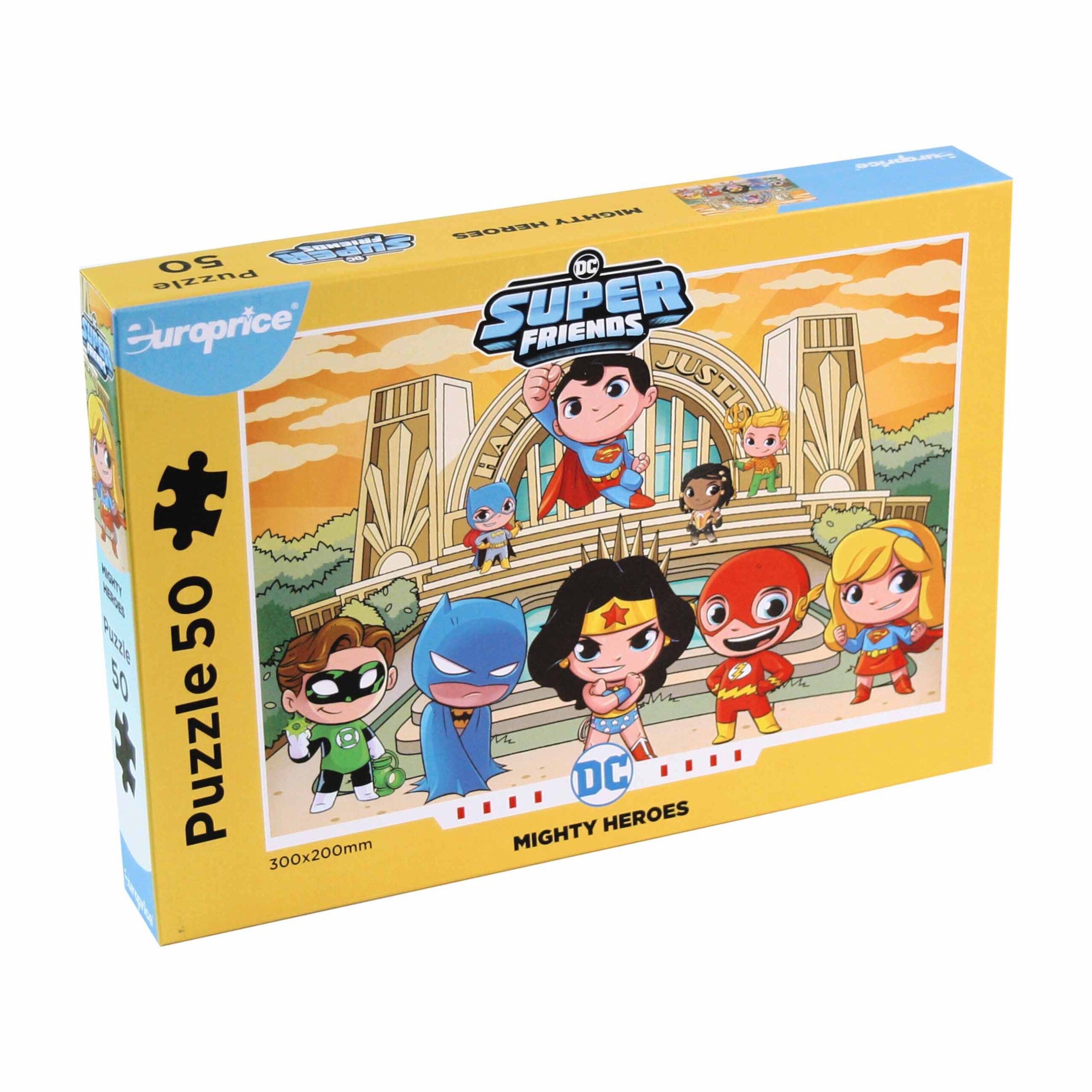 Caixa do Puzzle Super Friends: Mighty Heroes. Mostra uma caixa amarela com as adoráveis personagens que fazem parte da liga da justiça.