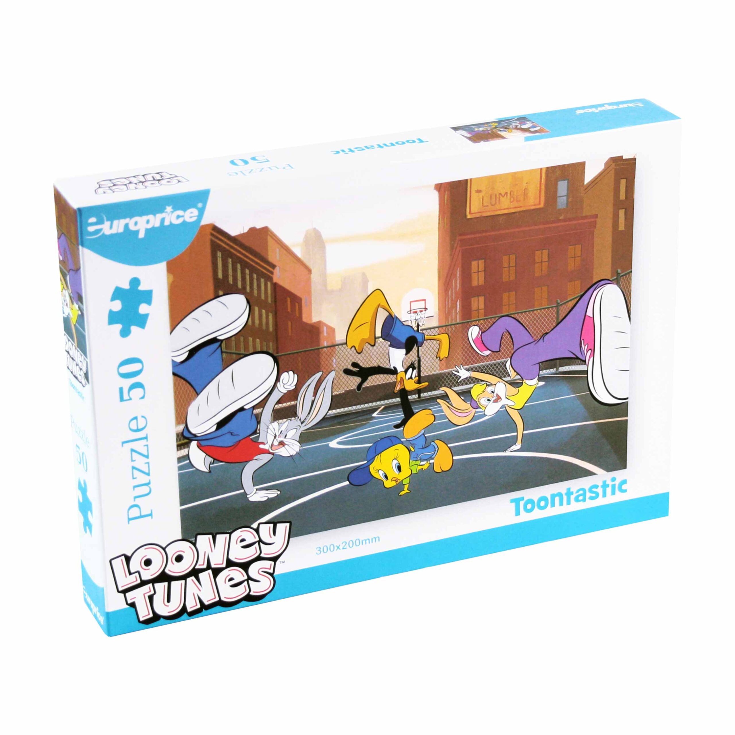 Caixa do Puzzle Looney Tunes: Toontastic. Num campo de basquetebol como cenário, podes encontrar o Bugs, a Lola, o Tweety e o Duffy a darem uma performance de hip-hop.