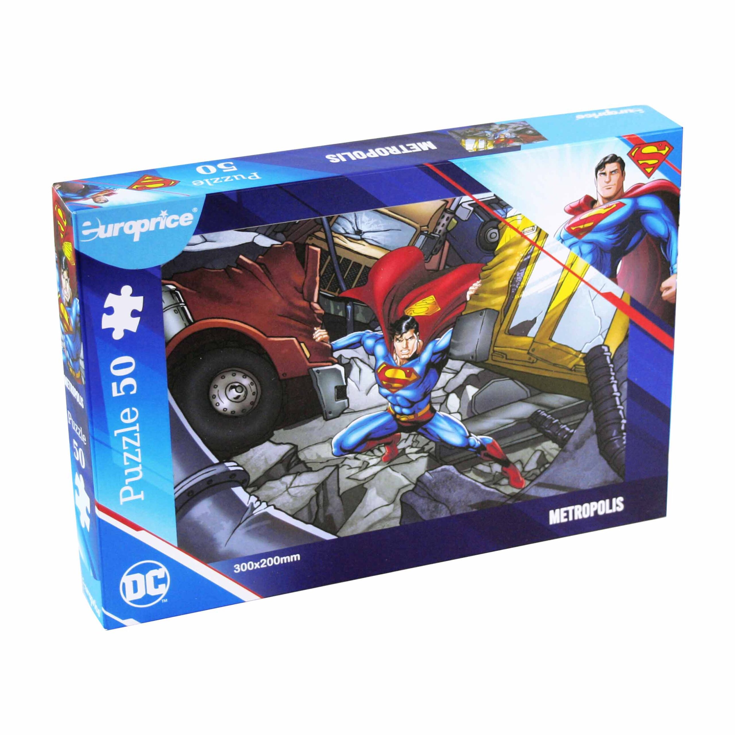 Caixa do puzzle Superman Metropolis de 50 peças. Apresenta o Superman a segurar 2 carros num cenário de destruição.