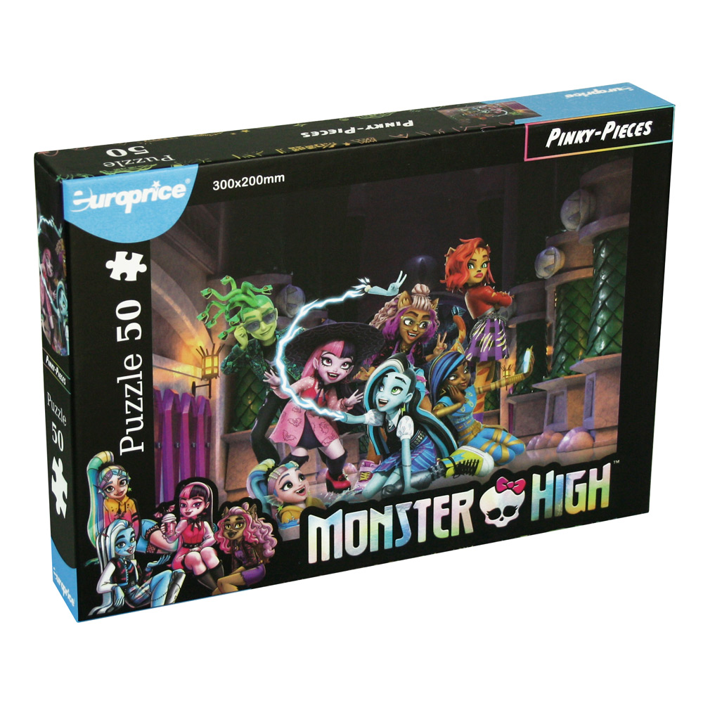Caixa do Puzzle Monster High: Pinky-Pieces. Mostra o grupo de monstros nos corredores da secundária.