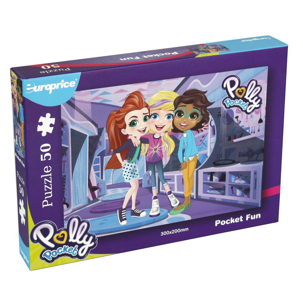 Caixa de puzzle da Polly Pocket: Pocket Fun. Mostra a Polly mais 2 amiguinhas a brincarem no seu quarto.