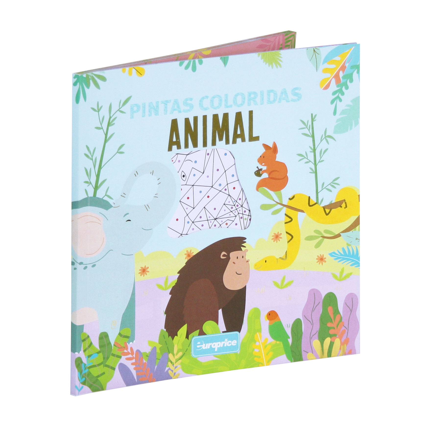 Livro Pintas Coloridas - Animal. A capa mostra vários Animais coloridos na natureza, com detalhes a dourado e um recorte no meio, que mostra a primeira página.