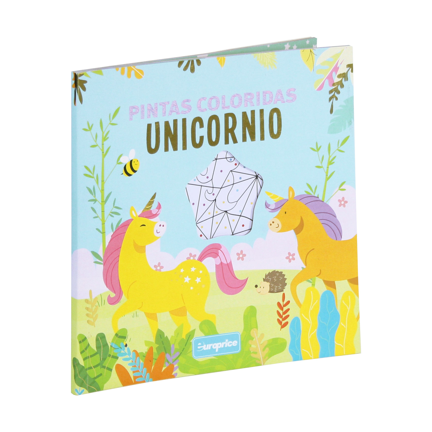 Livro Pintas Coloridas - Unicornio. A capa mostra vários unicórnios coloridos na natureza, com detalhes a dourado e um recorte no meio, que mostra a primeira página.