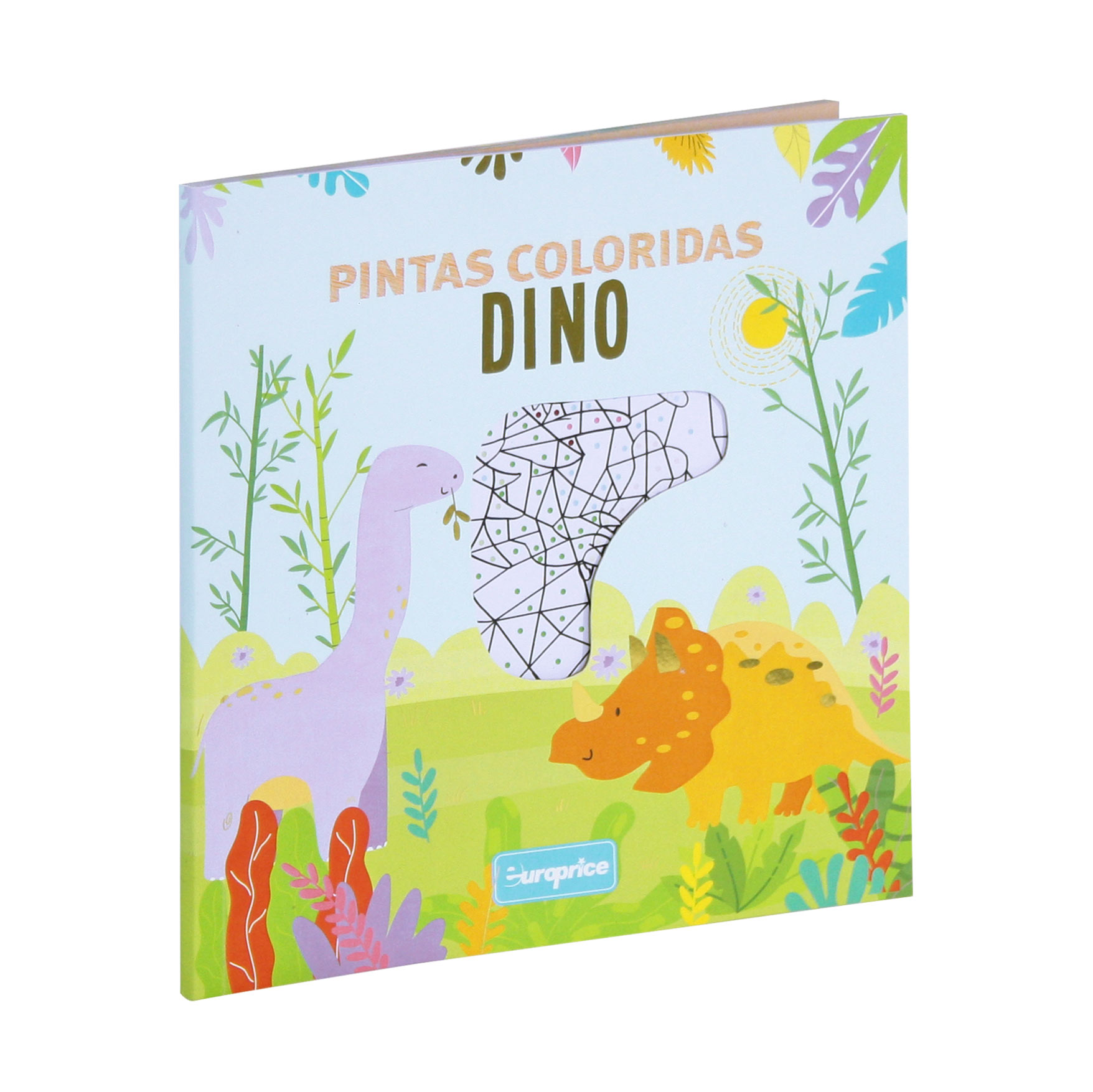 Livro Pintas Coloridas - Dino. A capa mostra vários dinossauros coloridos na natureza, com detalhes a dourado e um recorte no meio, que mostra a primeira página.