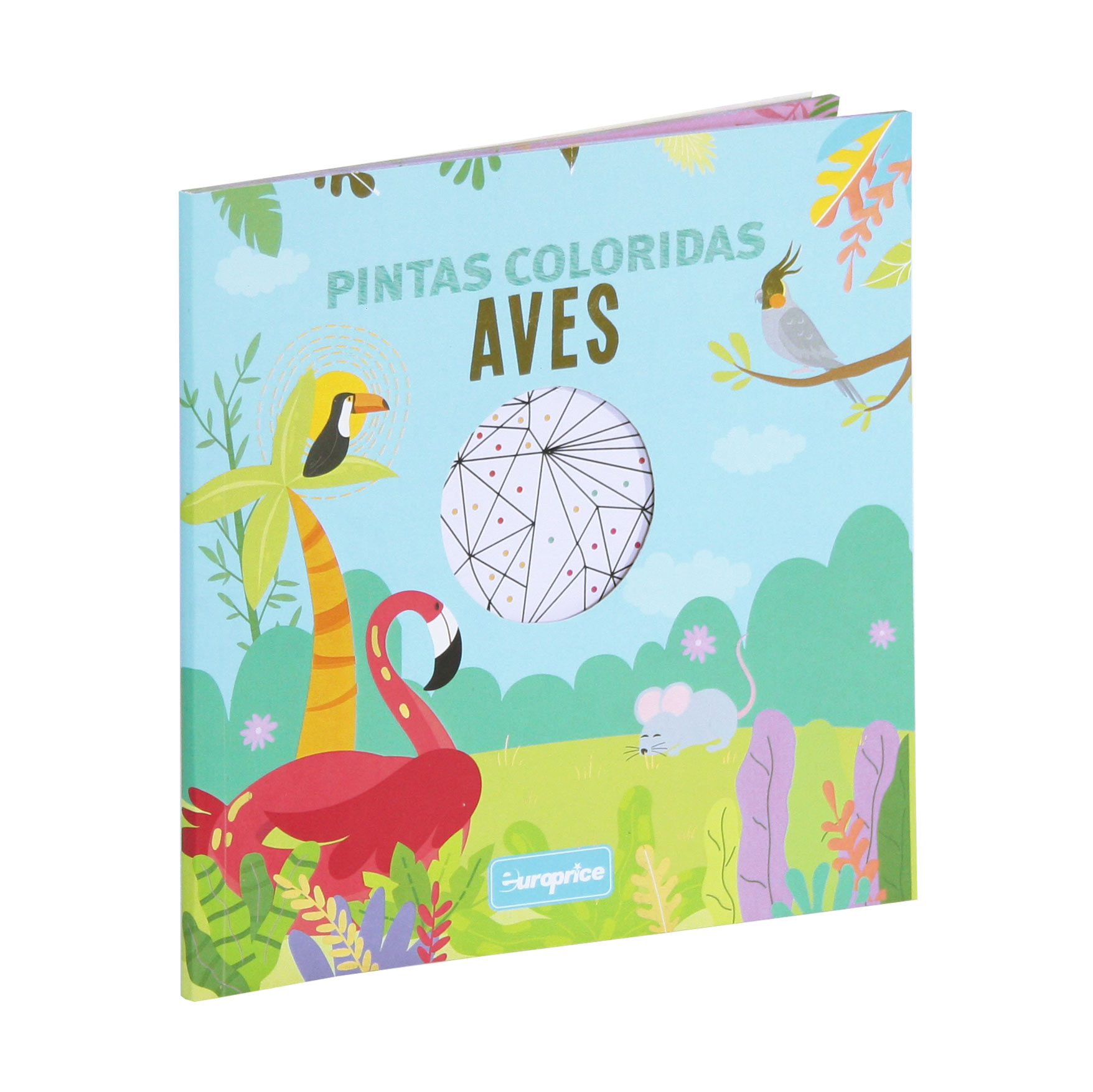Livro Pintas Coloridas - Aves. A capa mostra várias aves coloridas na natureza, com detalhes a dourado e um recorte no meio, que mostra a primeira página.