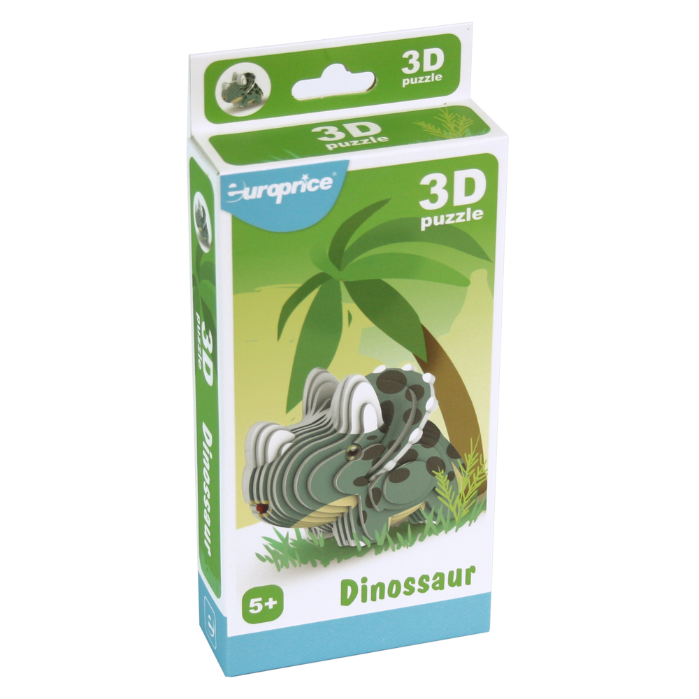 Caixa do 3D Puzzle - Dinossaur. Com um fundo verde, é apresentado o dinossauro em formato 3d depois de ser construído.