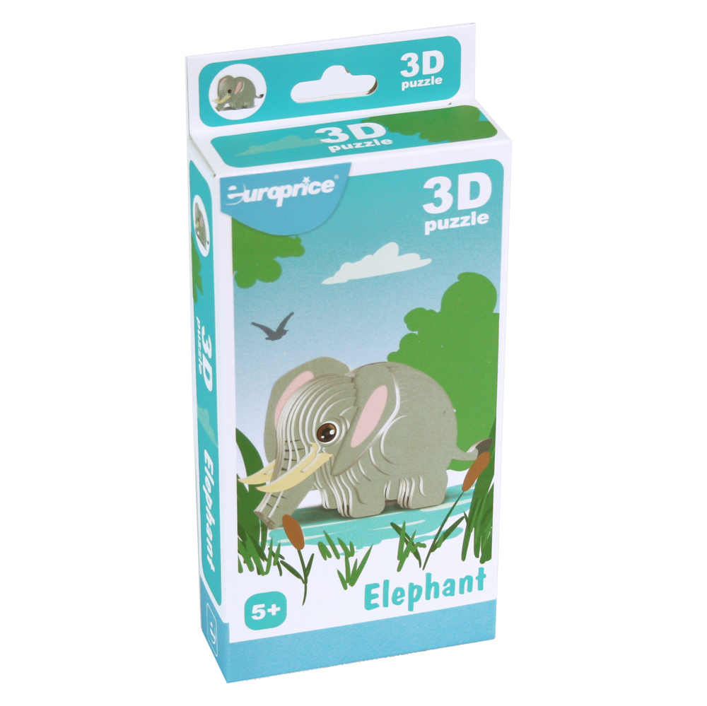 Caixa do 3D Puzzle - Elephant. Com um fundo azul, é apresentado o elefante em formato 3d depois de ser construído.
