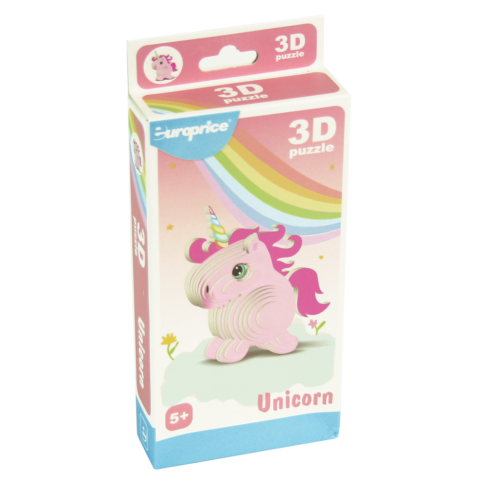Caixa do 3D Puzzle - Unicorn. Com um fundo cor de rosa, é apresentado o unicórnio em formato 3d depois de ser construido.