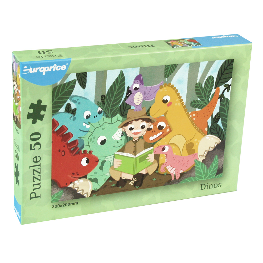 Caixa do puzzle Dinos de 50 peças. Apresenta o puzzle com uma criança a ler para dinossauros de várias cores, no meio da floresta.