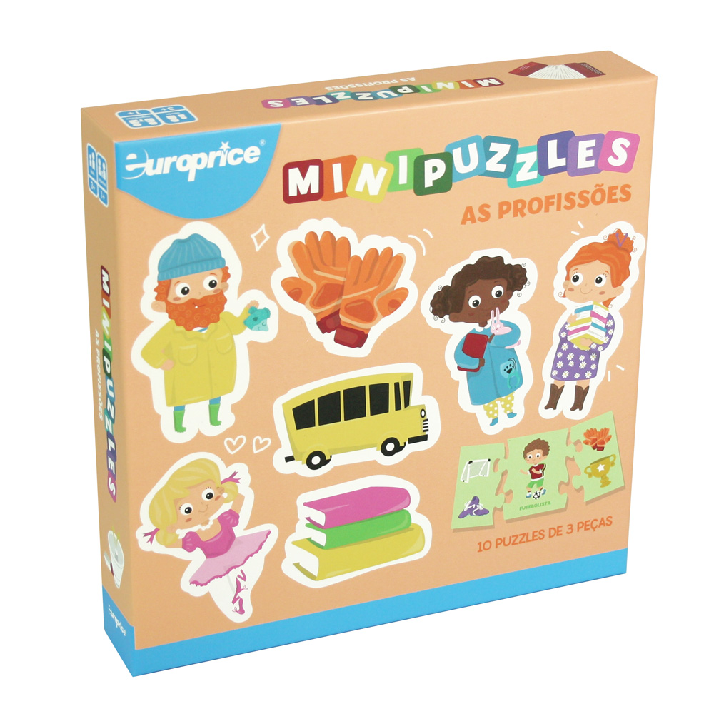 Caixa de Minipuzzles - as Profissões. Tem um fundo cor de laranja com alguns elementos ilustrativos que pertencem ao jogo. No canto inferior direito é visível uma peça do mesmo.
