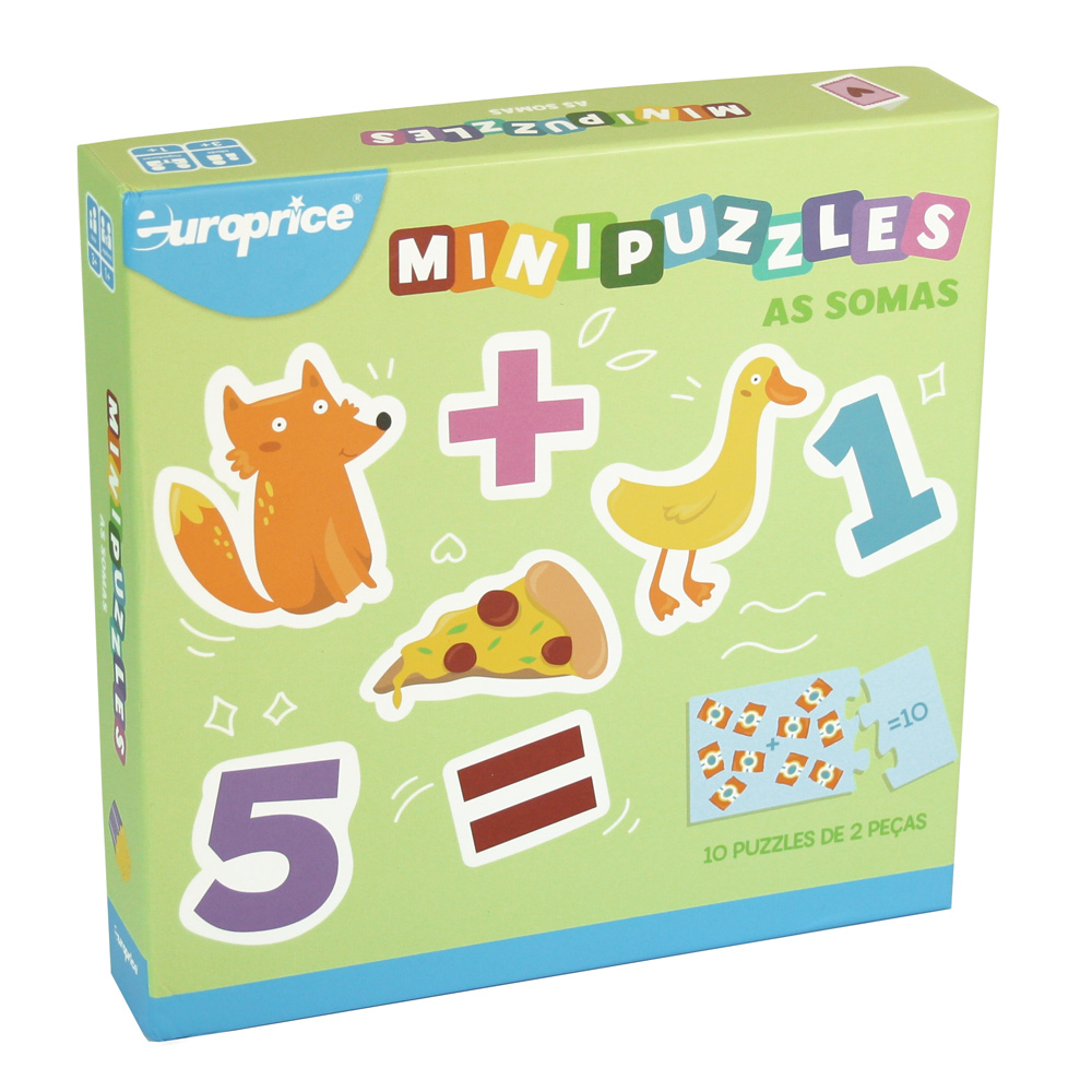Caixa de Minipuzzles - As Somas. Tem um fundo verde com alguns elementos ilustrativos que pertencem ao jogo. No canto inferior direito é visível uma peça do mesmo.