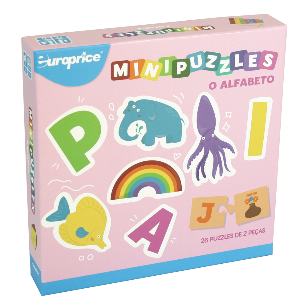 Caixa de Minipuzzles - o Alfabeto. Tem um fundo cor de rosa com alguns elementos ilustrativos que pertencem ao jogo. No canto inferior direito é visível uma peça do mesmo.
