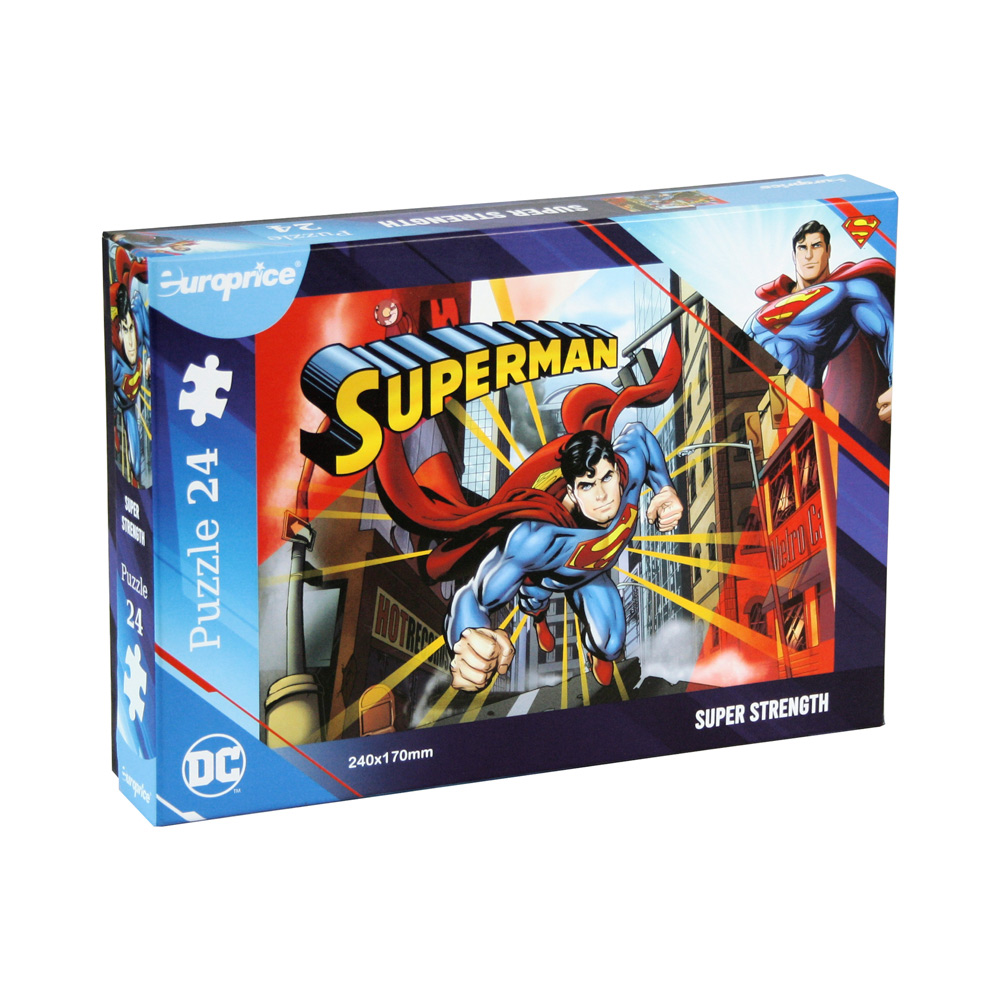 Caixa do Puzzle de 24 peças Superman Super Strength, que mostra o Superman a voar pela cidade.