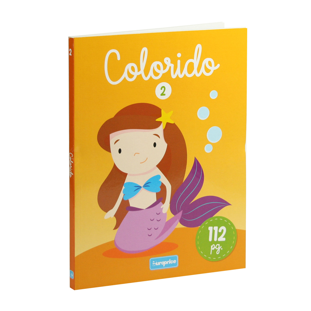 Capa do livro para pintar Colorido 2. Tem um fundo cor de laranja e uma sereia com uma estrela-do-mar no cabelo.