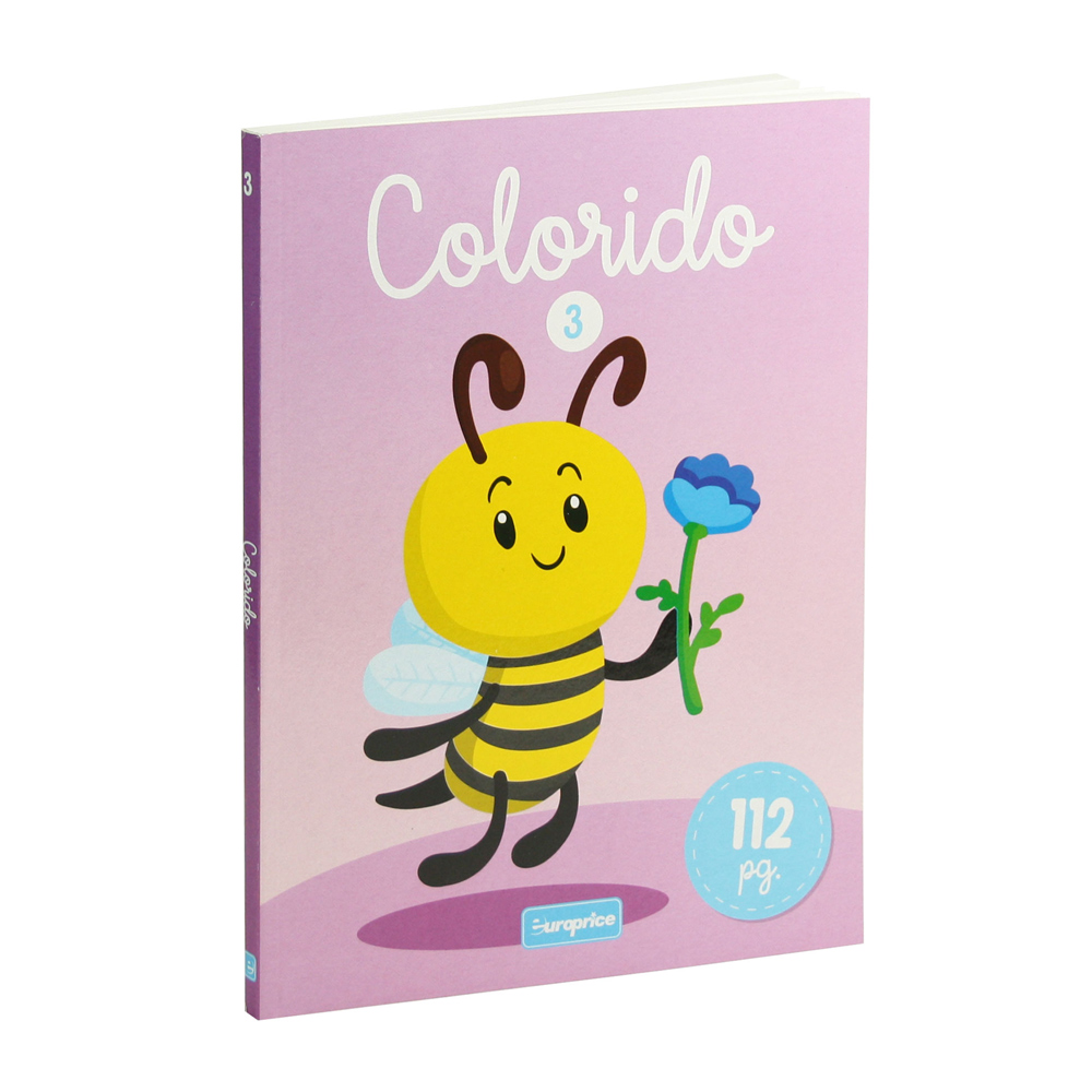Capa do livro para pintar Colorido 3. Tem um fundo roxo e uma abelha com uma flor azul na mão.