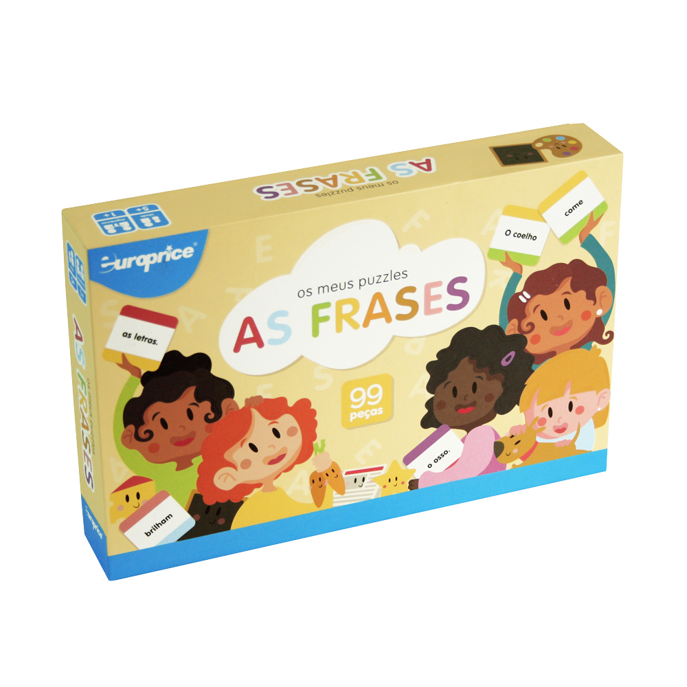 Caixa do jogo Os meus puzzles - As frases. Vê-se uma caixa de cor amarela, com o título em destaque e várias crianças em seu redor a segurar peças pertencentes ao jogo.