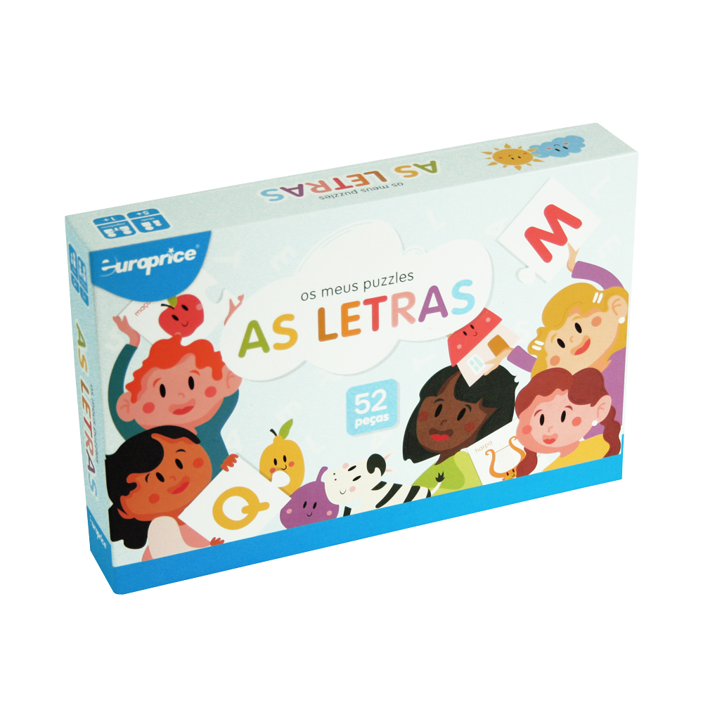 Caixa do jogo Os meus puzzles - As letras. Vê-se uma caixa de cor azul, com o título em destaque e várias crianças em seu redor a segurar peças pertencentes ao jogo.