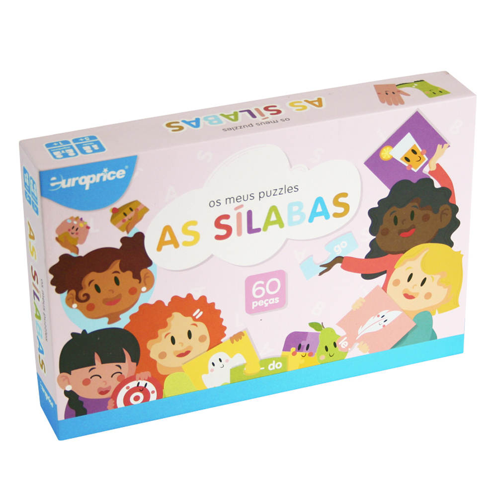 Caixa do jogo Os meus puzzles - As sílabas. Vê-se uma caixa cor de rosa, com o título em destaque e várias crianças em seu redor a segurar peças pertencentes ao jogo.