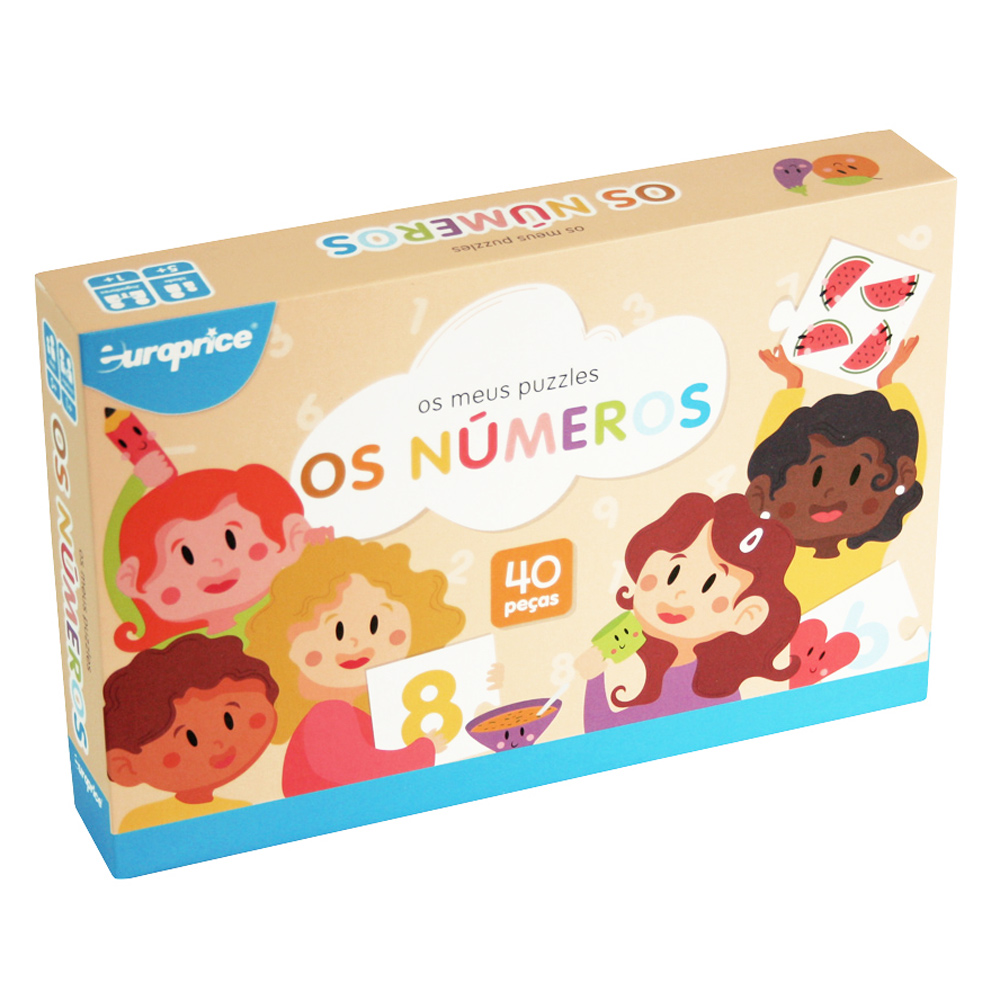 Caixa do jogo Os meus puzzles - Os Números. A caixa é laranja, com o título em destaque e várias crianças em seu redor a segurar peças pertencentes ao jogo.