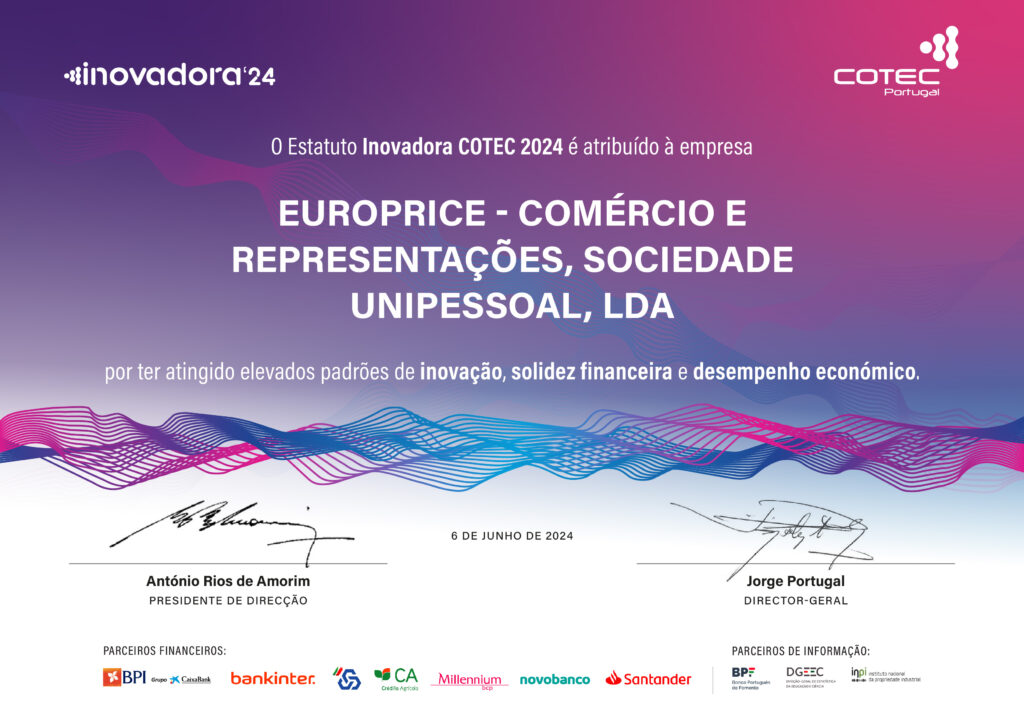 Imagem do certificado atribuído à Europrice como Inovadora COTEC 2024