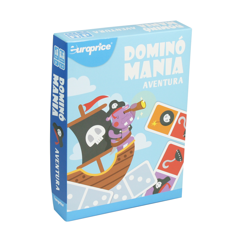 Caixa do jogo Dominó Mania - Aventuras, em tons de azul, com um navio pirata na capa.