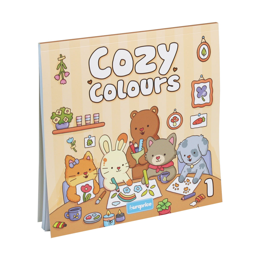 Capa do livro de colorir Cozy Colours 1. Com um fundo bege. Apresenta 5 amigos fofos numa sala a pintar e desenhar.