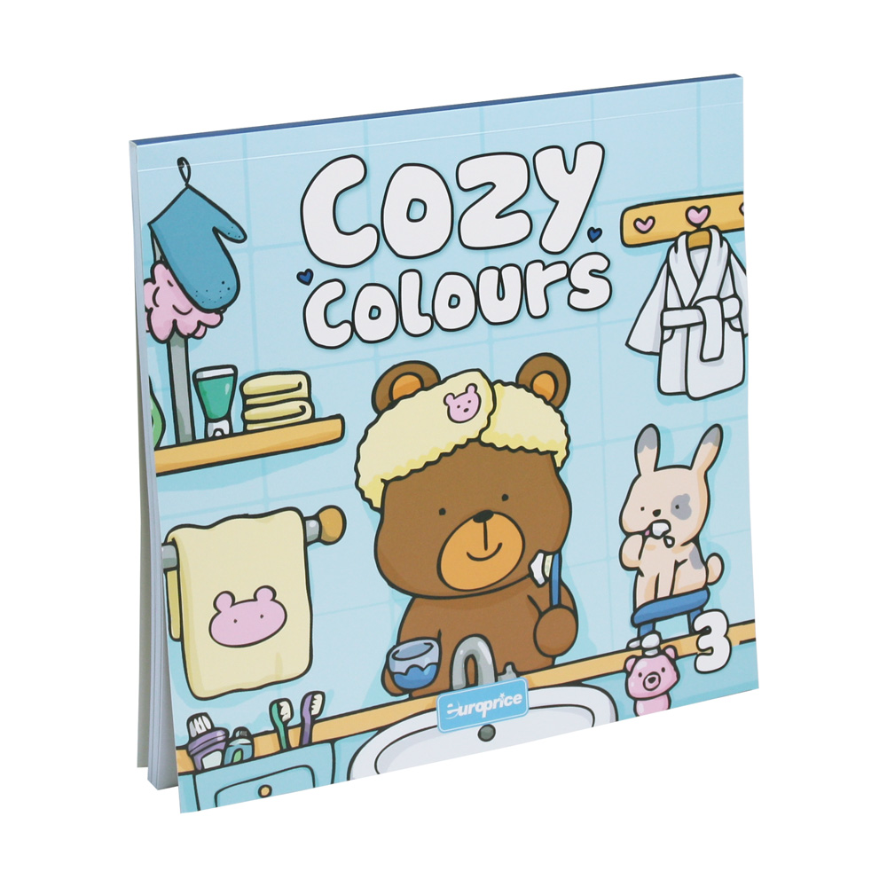 Capa do livro Cozy Colours 3. Com um fundo azul. Apresenta dois amigos a lavarem os dentes na casa de banho.