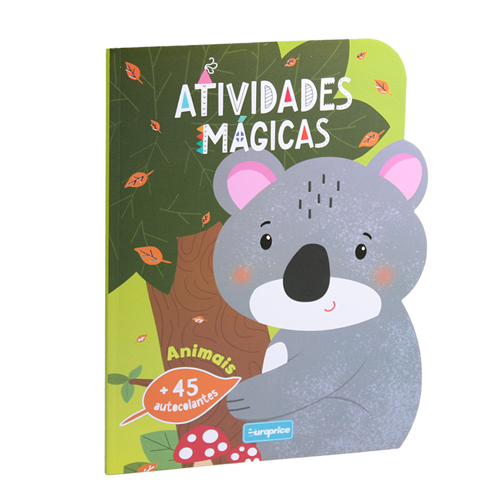 Capa do livro Atividades Mágicas - Animais. Com um fundo verde e um coala.