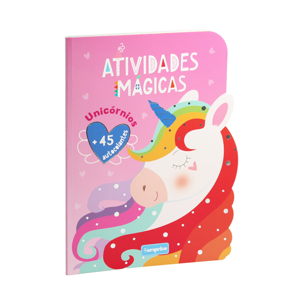 Capa do livro Atividades Mágicas - Unicórnios. Com um fundo cor de rosa e um unicórnio.