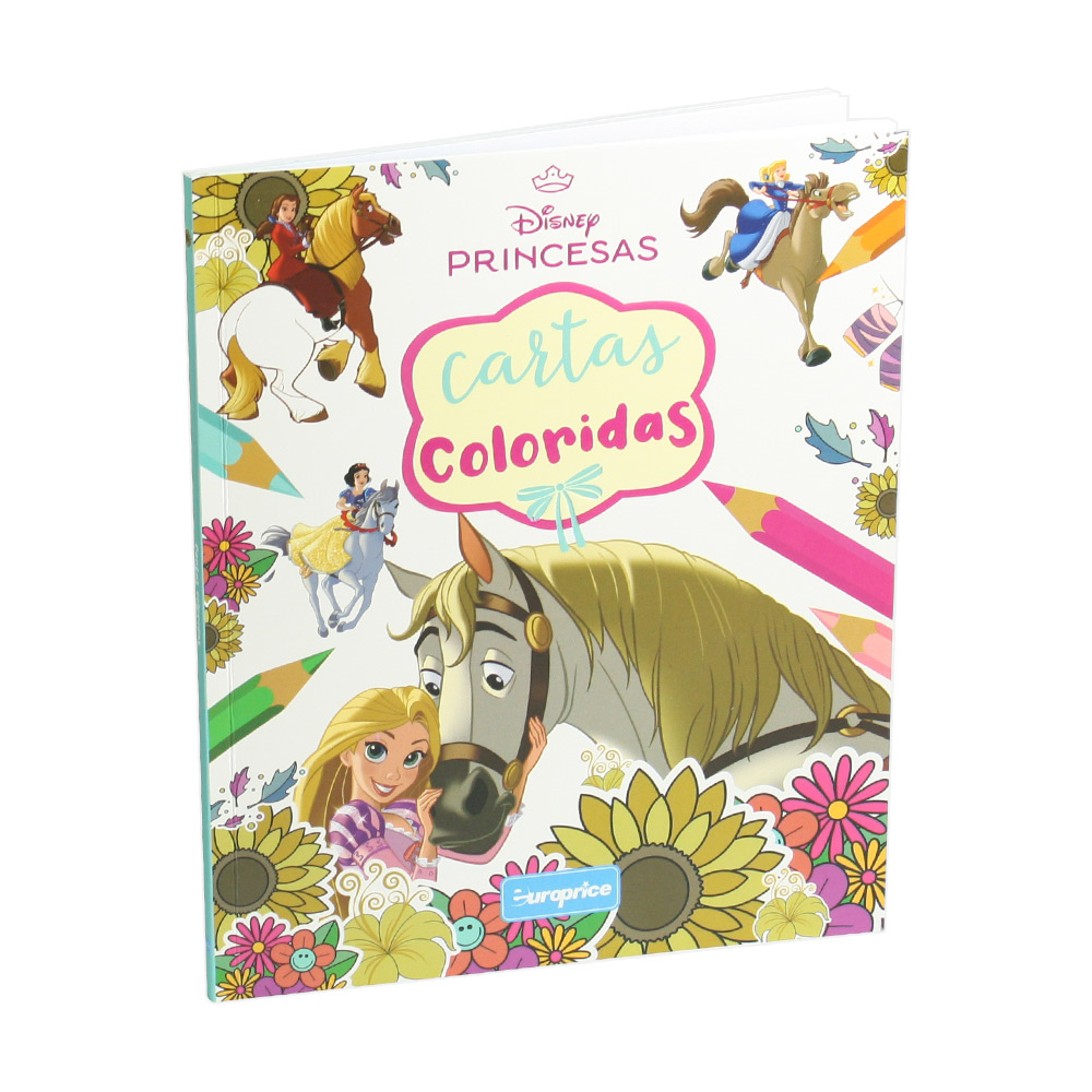 Capa do livro "Cartas Coloridas". Com a Rapunzel em destaque e várias princesas à sua volta. Este é um livro de capa branca.