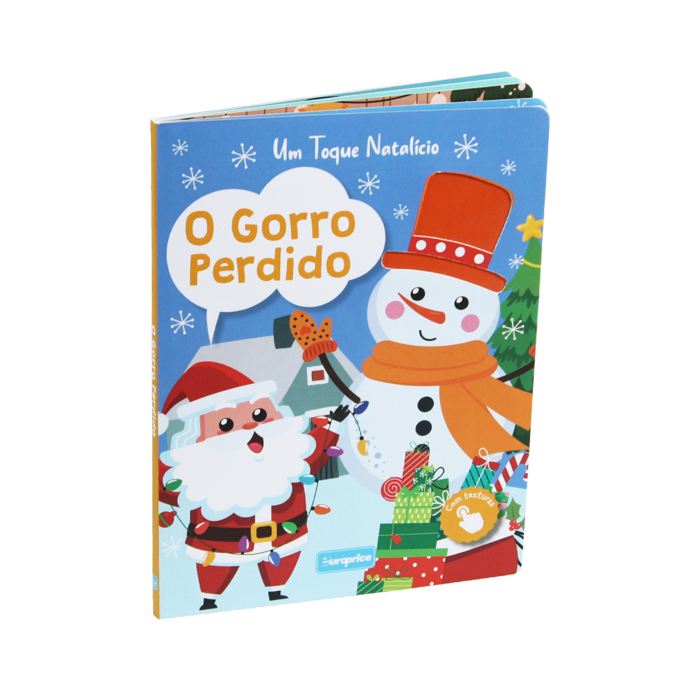 Capa do livro "Um toque natalício - O gorro perdido". Apresenta o Pai Natal e um boneco de neve. Com textura.
