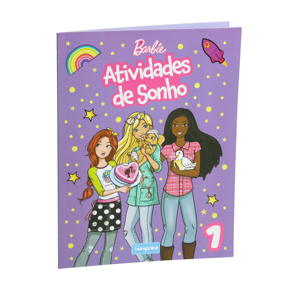 Capa do livro Barbie: Atividades de Sonho -1. Contém um fundo roxo e em destaque, a Barbie com as suas amigas.