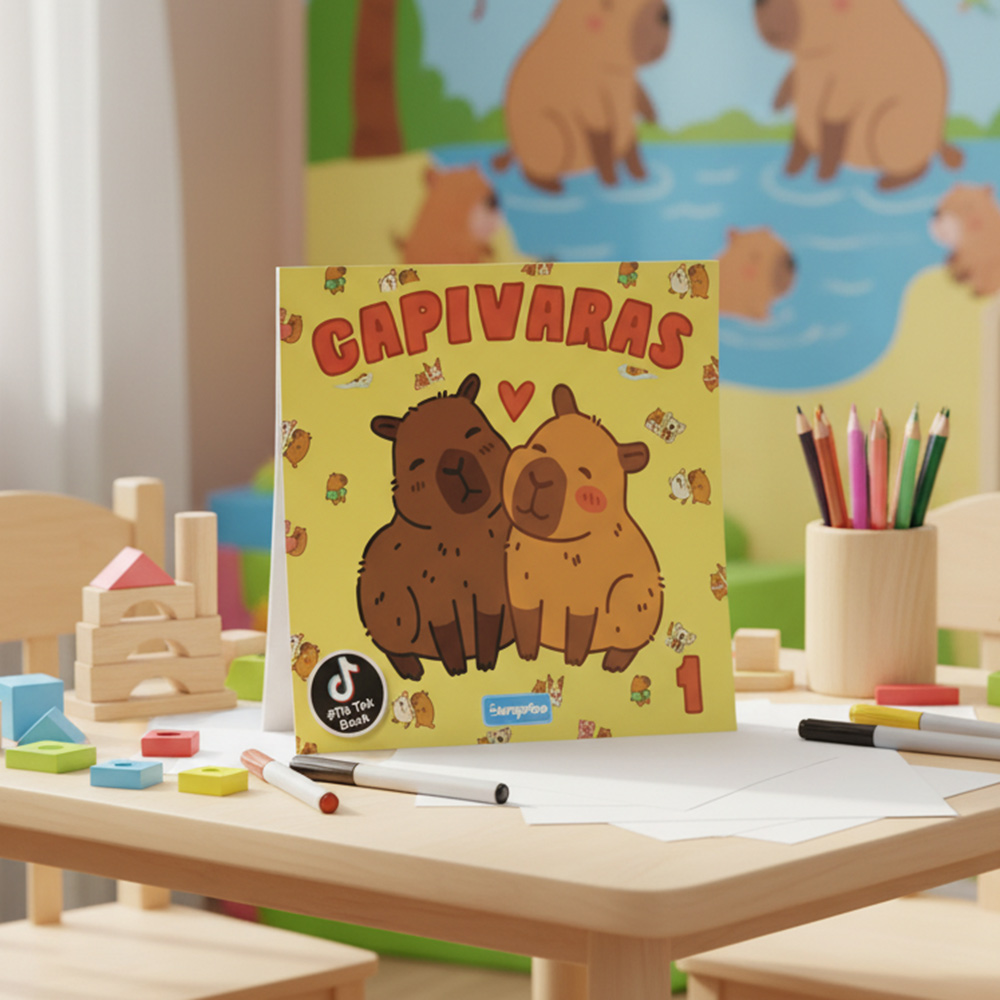 Capa do livro de pintar Capivaras -1. Com um fundo amarelo e duas capivaras apaixonadas em destaque.