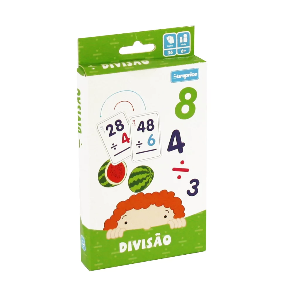 Imagem da caixa da divisão matemática da coleção "Matemática". Apresenta detalhes a verde, exemplos do jogo e uma criança ruiva a espreitar.