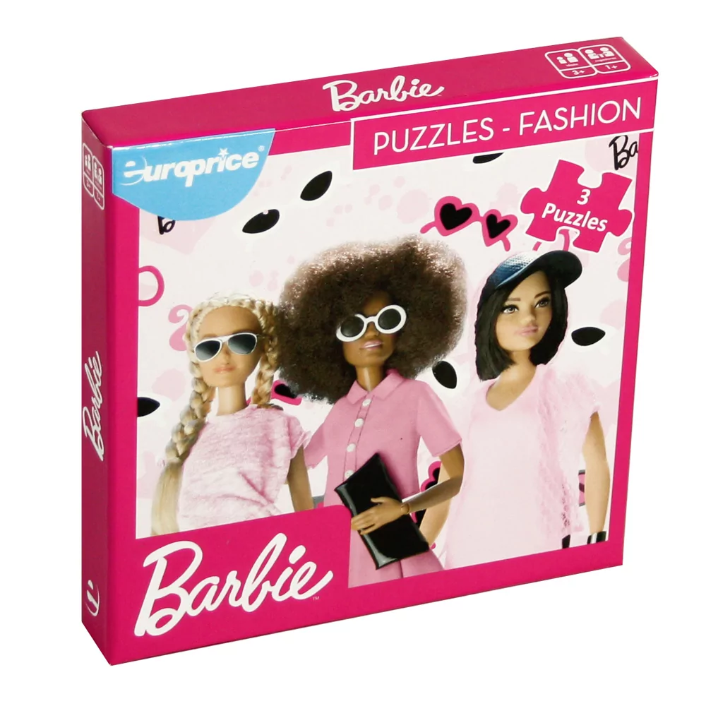 Caixa de Barbie Puzzles - Profissões. Mostra uma Barbie Médica e uma Barbie Pasteleira numa divisão com parede amarela e algum material de cozinha.