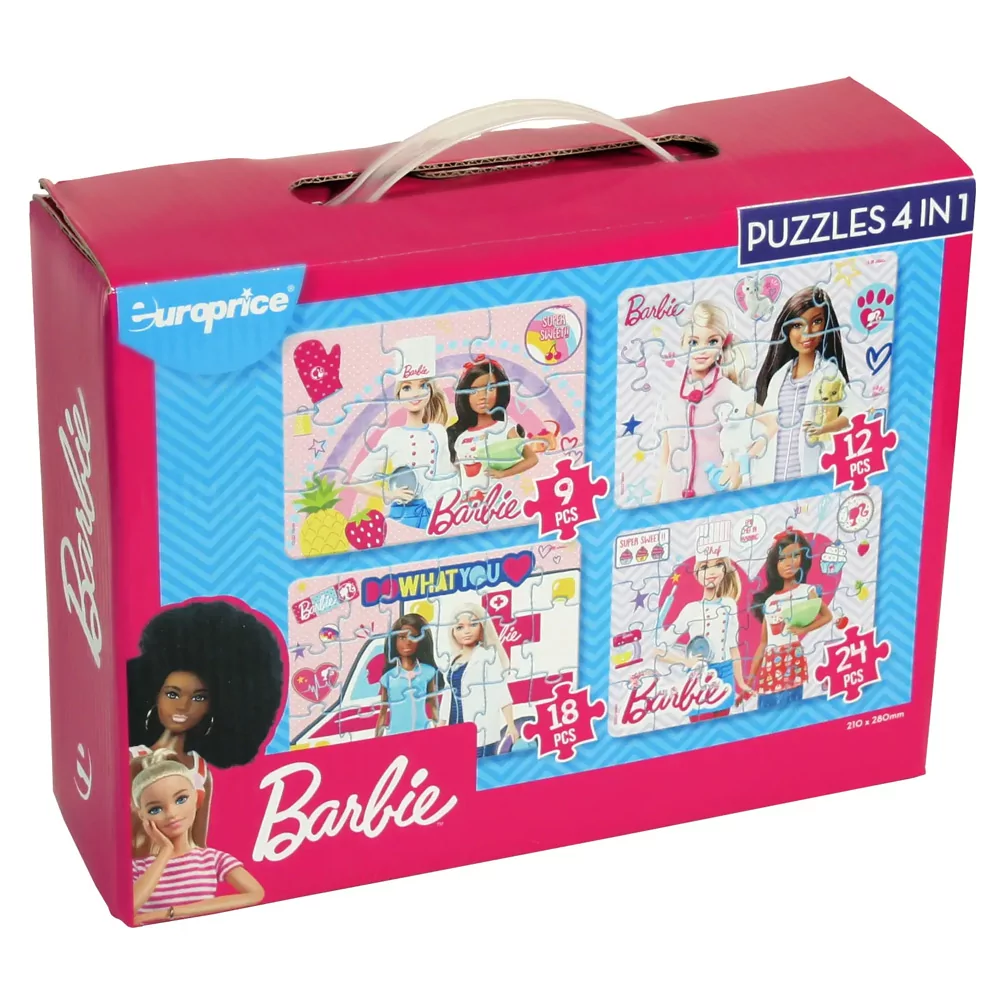 Caixa de Barbie Puzzles 4 in 1, em rosa e azul, mostra os 4 puzzles incluidos na caixa. A caixa tem uma alça