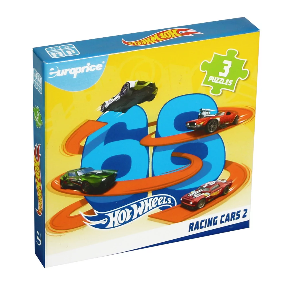 Caixa de Hot Wheels: Racing Cars - 2. Apresenta 4 carros da Hot Wheels a percorrerem uma pista cor de laranja cheia de curvas e contracurvas. Esta pista cruza-se com o número 68 que é o destaque desta caixa. Em pano de fundo é apresentado um degradê nos tons de amarelo.