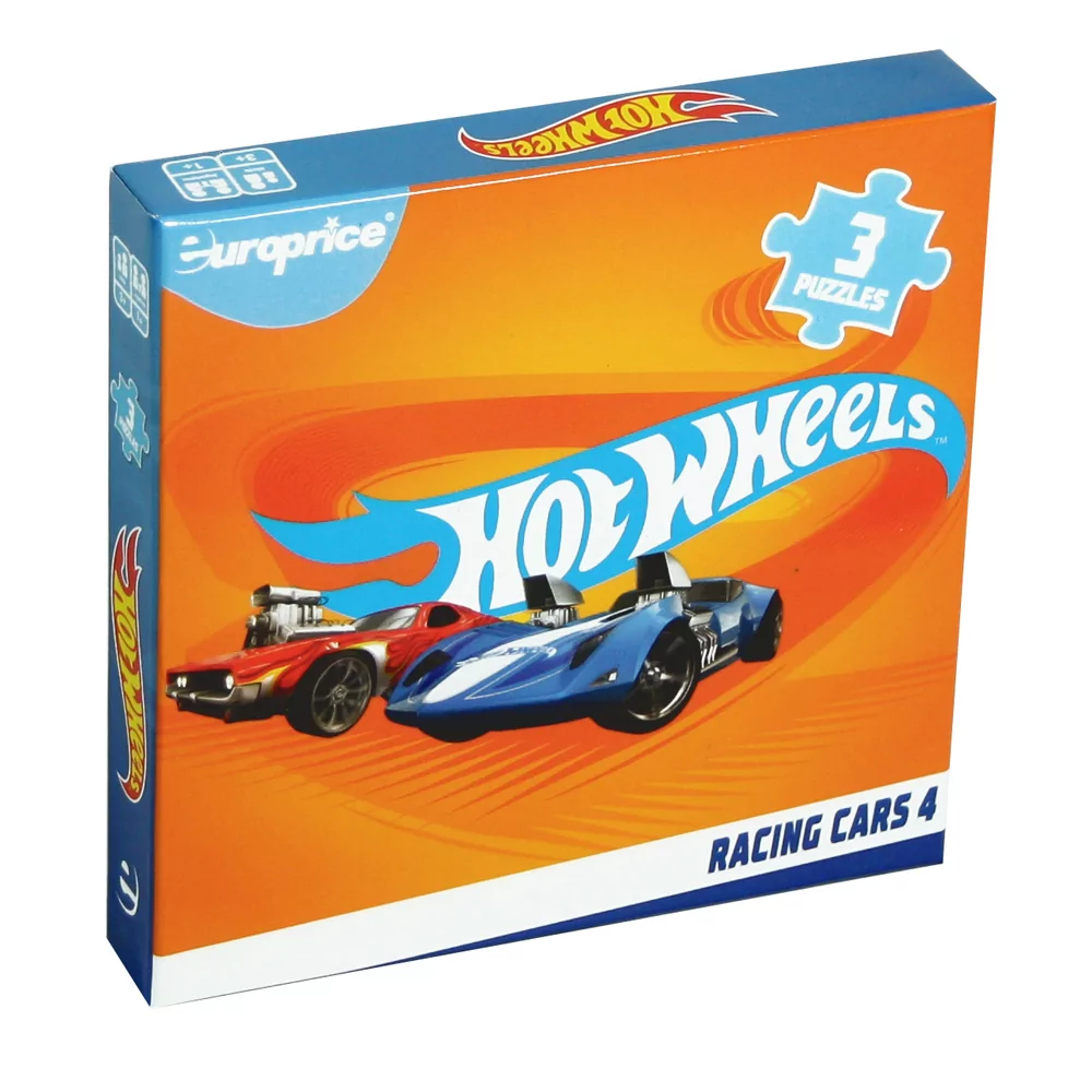 Caixa de Hot Wheels: Racing Cars - 4. A caixa contém dois carros de corrida alinhados para um arranque emocionante. Um dos carros é vermelho com um motor gigante a erguer-se do capô e o outro azul com uma listra branco que o atravessa a meio. Com um fundo cor de laranja rasgado pela silhueta da mística pista da Hot Wheels.