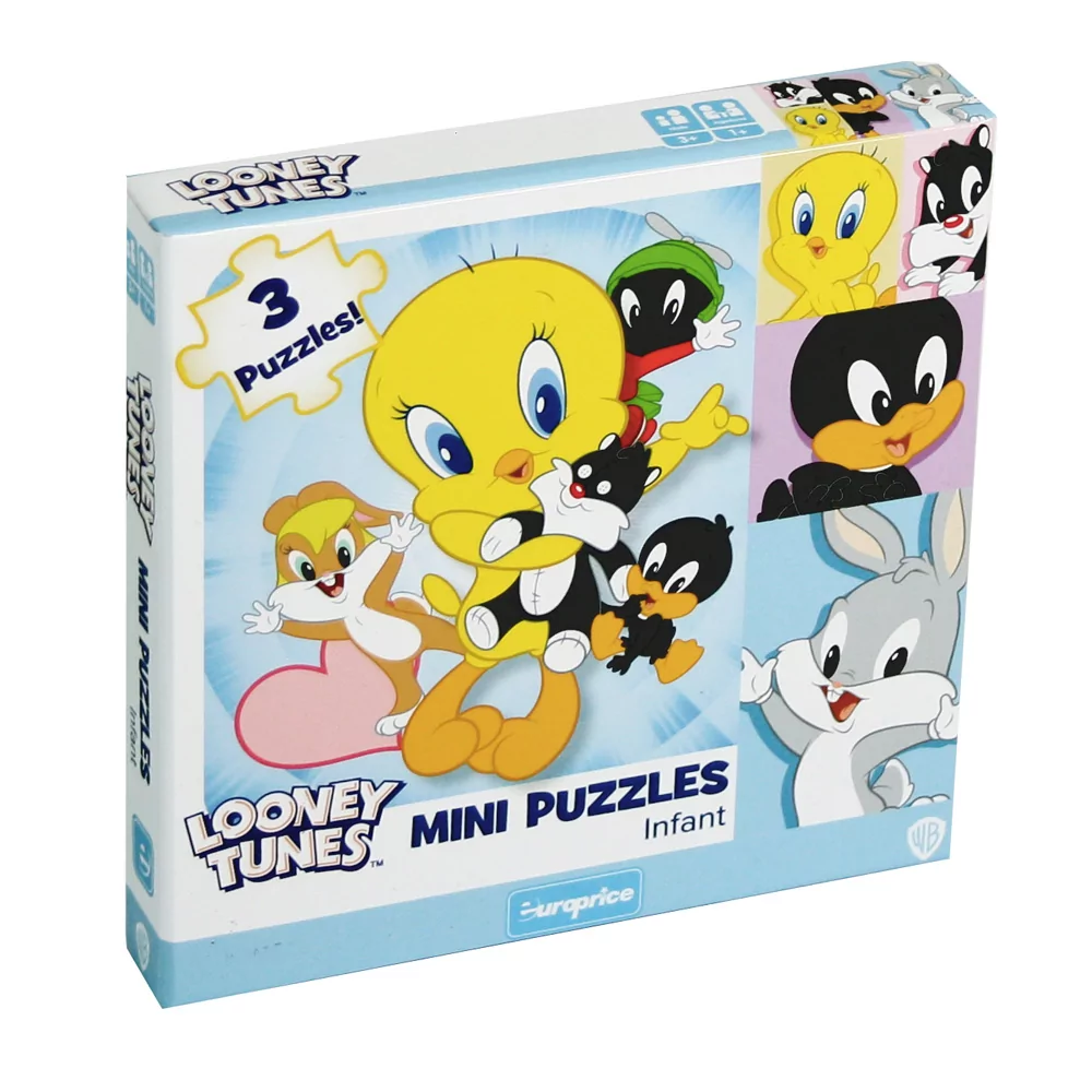 Caixa de mini puzzles Lonney Tunes - Infant. Mostra o Tweety bebé com um peluche do Silvestre nas patinhas. Atrás dele podes obversar a Lola, o Duffy e o Marvin, juntamente com um coração cor de rosa. Do lado direito é visivel 4 personagens: o Tweety, o Silvestre, o Duffy e o Bugs.