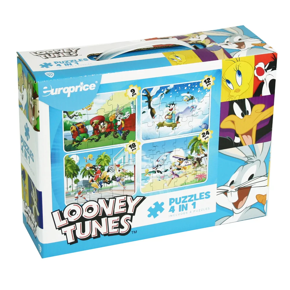 Caixa de Looney Tunes: Puzzles 4 em 1. Mostra os 4 puzzles de personagens de Looney Tunes, de 9 a 24 peças, num fundo azul.