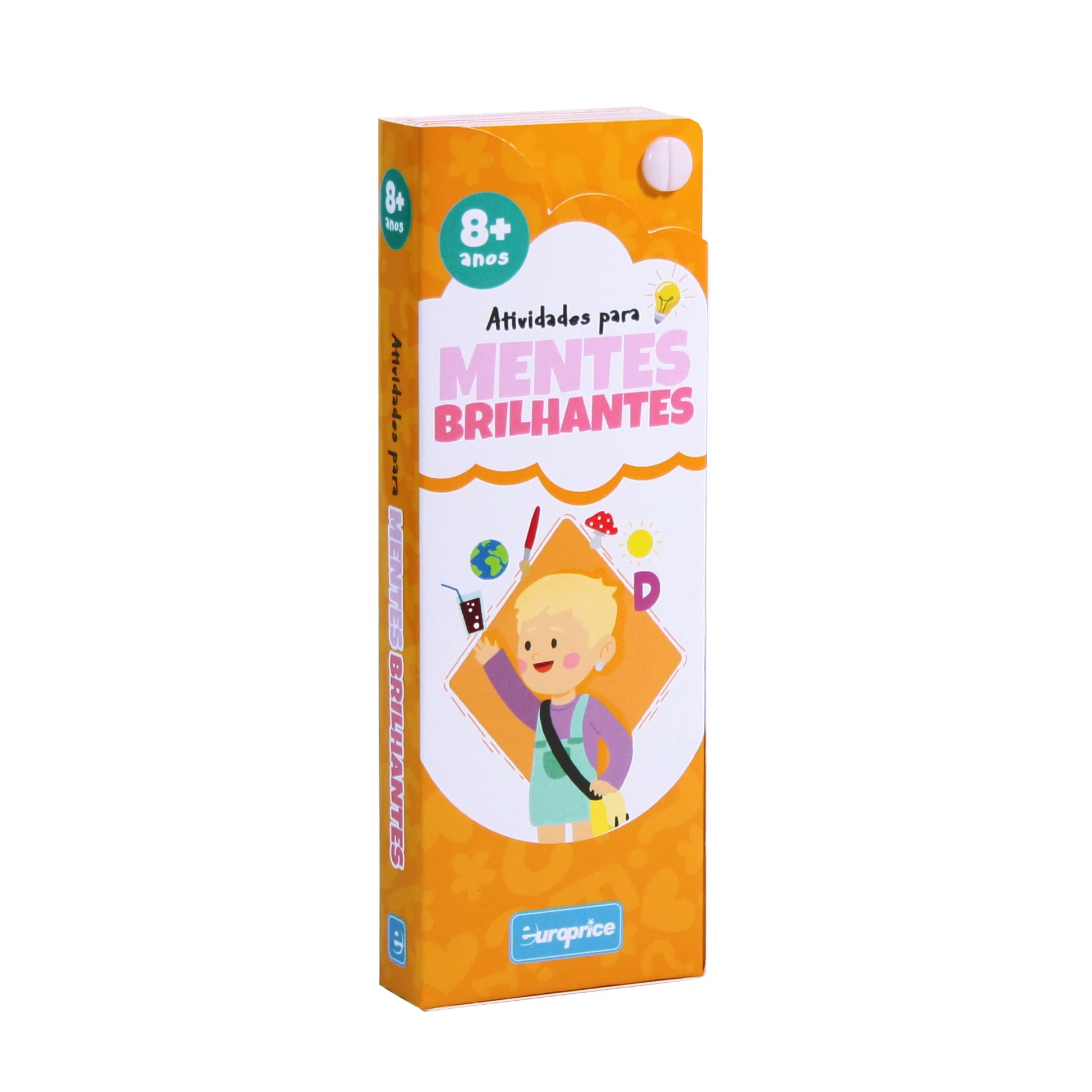 Caixa das cartas atividades para mentes brilhantes, para +8 anos. É uma caixa retangular, vertical, em tons de laranja, com uma criança a rir na frente.