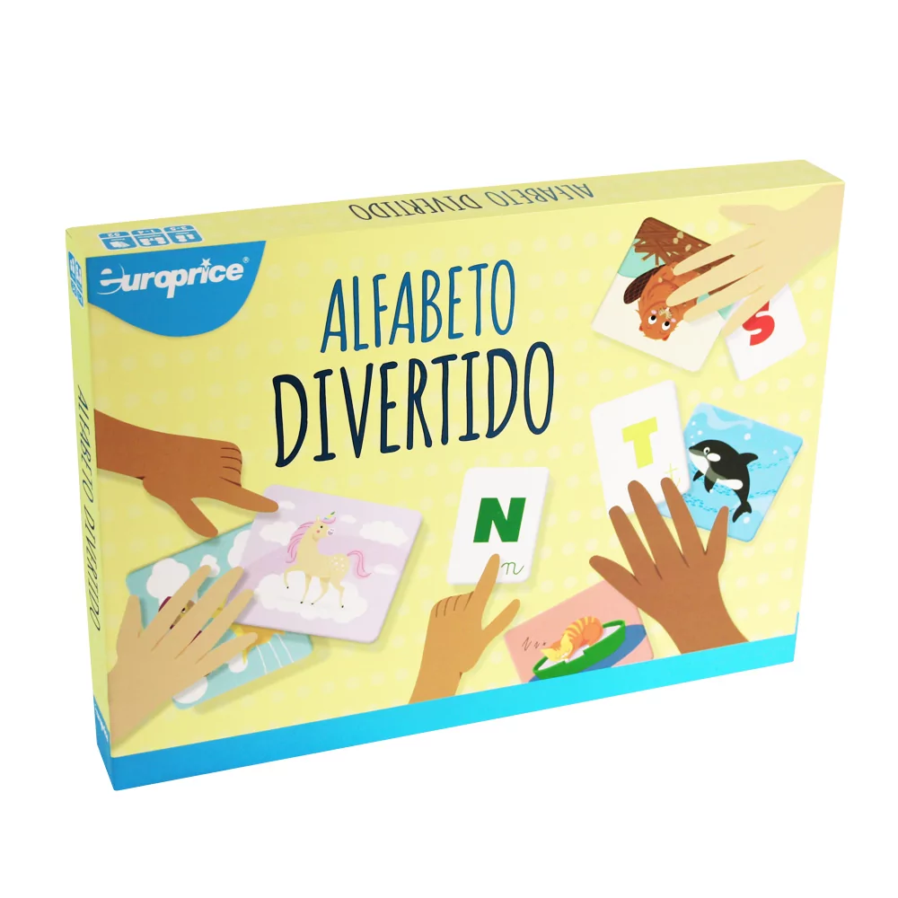 Caixa do jogo Alfabeto Divertido. Vê-se uma caixa amarela com o título em destaque e à sua volta, várias mãos a apontar para peças com letras e para peças com imagens, estas, pertencentes ao jogo.