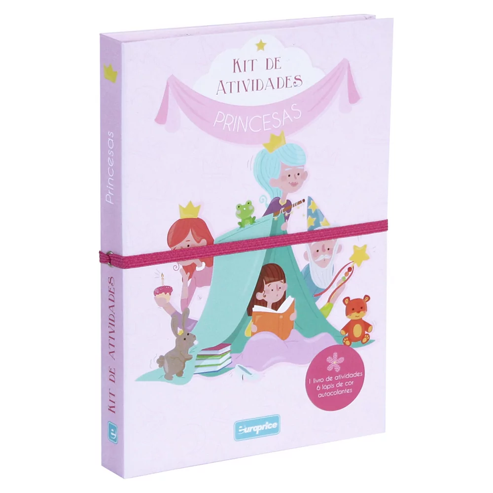 Capa do Kit de Atividades - Princesas. É em tons de rosa e mostra várias princesas a brincar com uma tenda, peluches e livros.