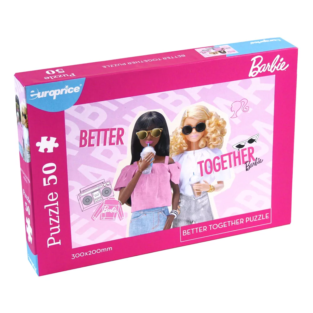 Caixa do puzzle Barbie: Better Together de 50 peças. Apresenta o puzzle com 2 Barbies num fundo rosa geométrico, com as palavras "Better Together" à sua volta.