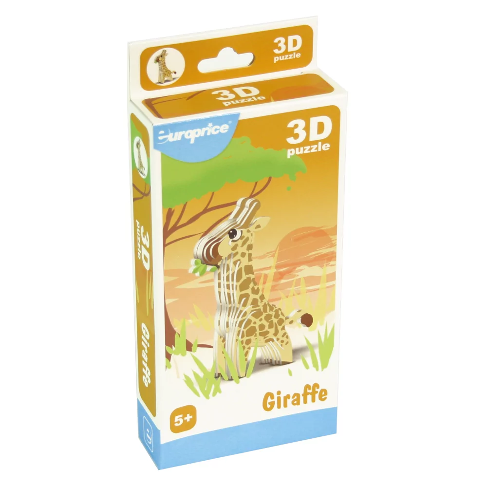 Caixa do 3D Puzzle - Giraffe. Com um fundo amarelo, é apresentada a girafa em formato 3d depois de ser construída.