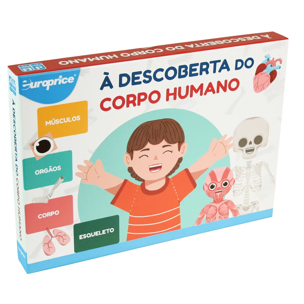 Caixa do jogo À descoberta do corpo humano. Vê-se um menino no centro rodeado de diversas partes do corpo, com as suas respetivas nomenclaturas.