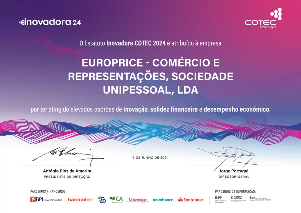 Imagem do certificado atribuído à Europrice como Inovadora COTEC 2024