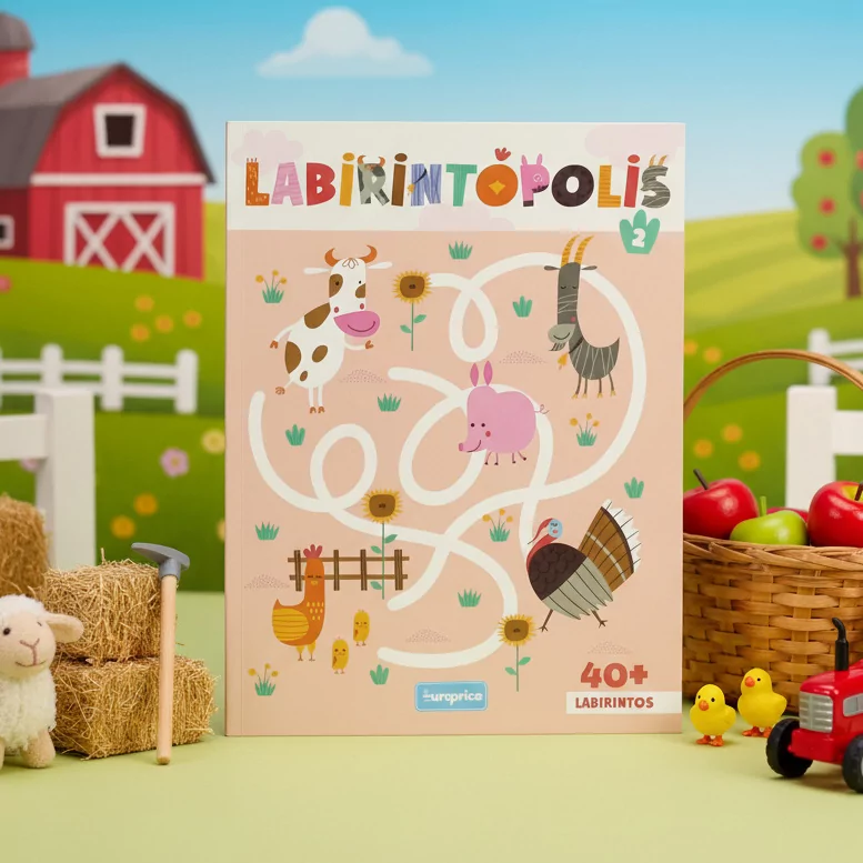 Capa do livro Labirintópolis -2. Com um fundo cor de rosa e um labirinto de animais da quinta em destaque.