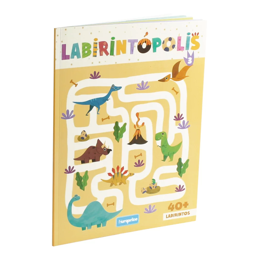 Capa do livro Labirintópolis -3. Com um fundo amarelo e um labirinto de dinossauros em destaque.