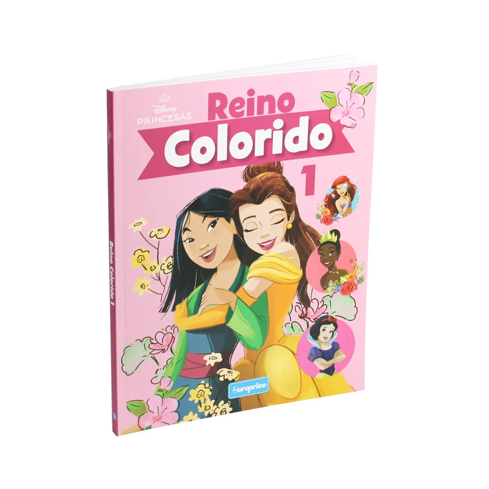 Capa do livro de pintar Reino Colorido - 1. Com um fundo cor de rosa e as princesas Bela e Mulan em destaque.